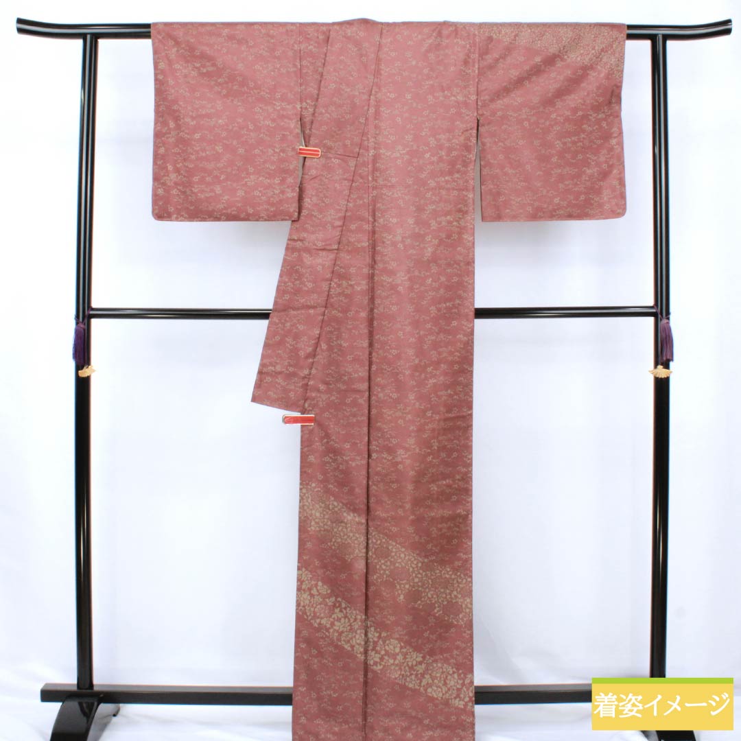訪問着 正絹 Aランク 袷 身丈164.5cm 裄丈65cm 小豆色（あずきいろ） 紬地 草花 茶系 1112006343414