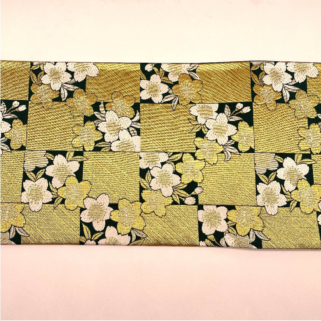 袋帯 琉璃色（リューリースーいろ 桜 市松 帯丈456cm 正絹 Aランク 六通 フォーマル 金系 1123007153421