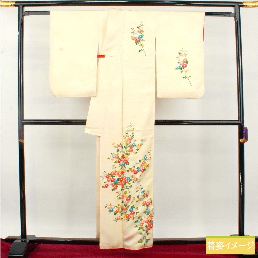 Homongi, pure silk, lined, length 160cm, sleeve length 63.5cm, Tonokoiro, Kyoto Yuzen, floral pattern, A rank, cream color, 1112004803415
