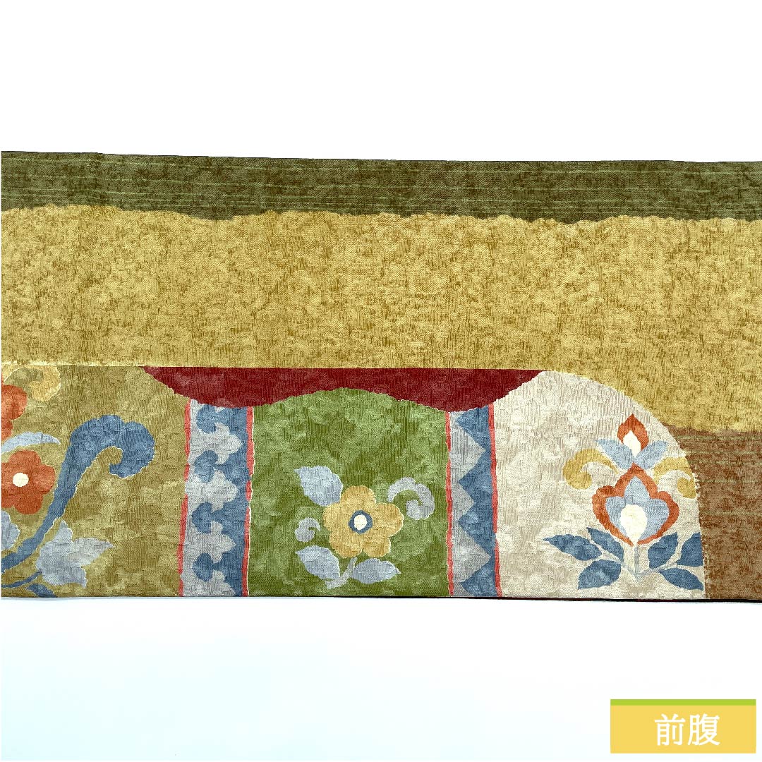 Nagoya obi, Kyoto bag obi, oxblood red, Kyoto bag obi, horizontal stripes, Chinese flowers, staggered stripes, obi length 374cm, pure silk, S rank, six-pass, casual, vermilion, 1124005912316, open style