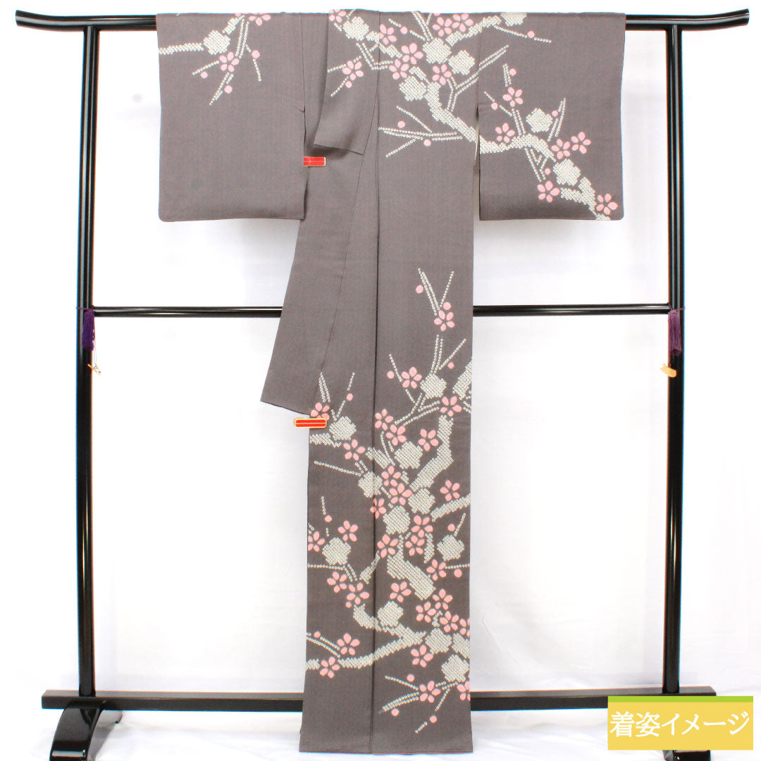 Homongi, pure silk, lined, length 164cm, sleeve length 63.5cm, indigo grey, partially dyed, cherry blossom, A rank, grey, 1112005773422