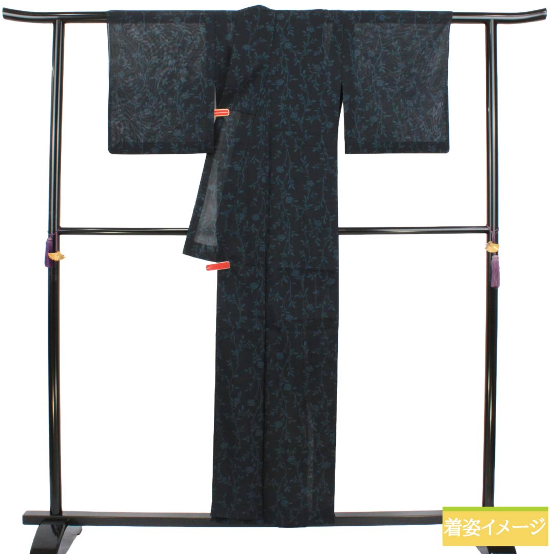 夏物 正絹 小紋 Sランク 身丈155.5cm 裄丈63.5cm 濃紺色（のうこんいろ） 草花模様 紗 紺系 1132004532318