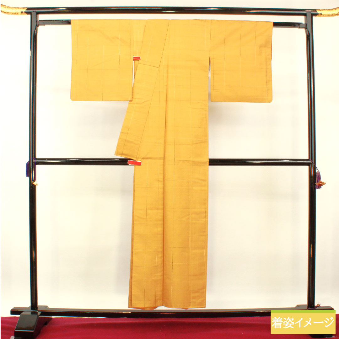 Tsumugi silk Length 151.5cm Sleeve length 63cm Fox color Check S rank Awase Brown 1116003532214