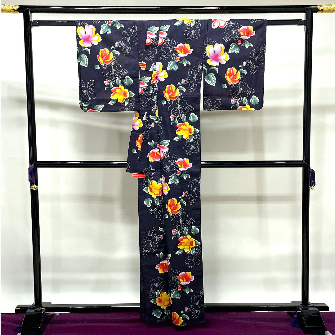 Yukata, purple, floral pattern, cotton, S rank, single layer, length 162.5cm, sleeve length 64.5cm, purple, 1118002352420