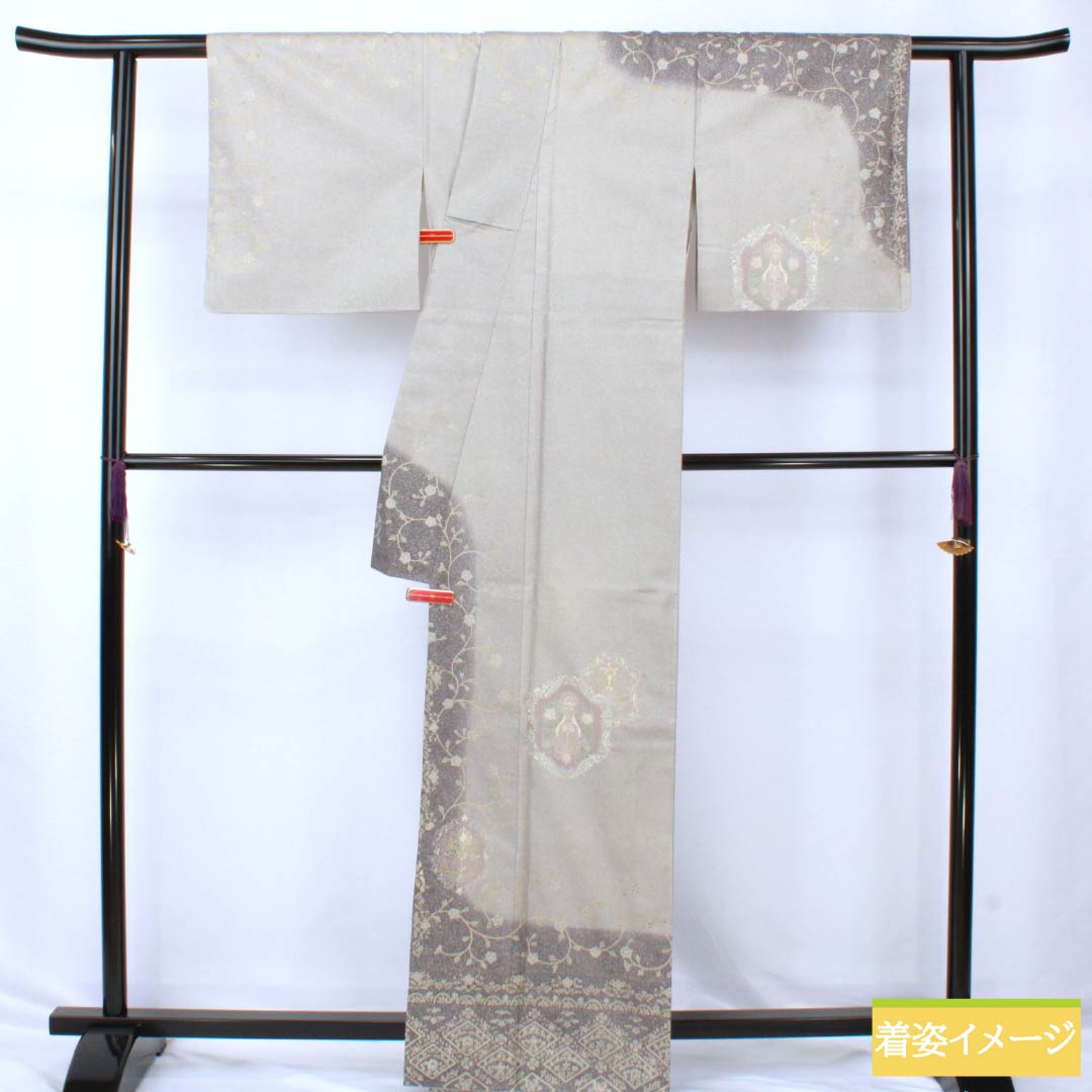訪問着 正絹 Sランク 袷 身丈164.5cm 裄丈64.5cm 絹鼠色（きぬねずいろ） 蘇州刺繍 汕頭刺繍 抽象模様 グレー系 1112006422422