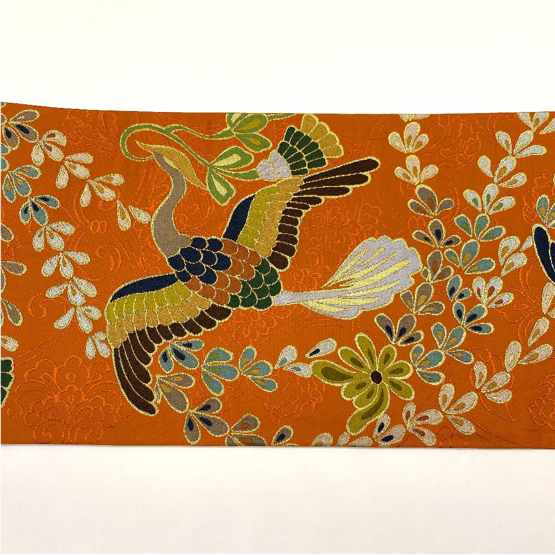 Carrot-colored Fukuro Obi (Bag Belt) with Phoenix Pattern, Shiraayaen Oba, Length 432cm, Pure Silk, S Rank, Six-pass, Formal, Orange, 1123008912326