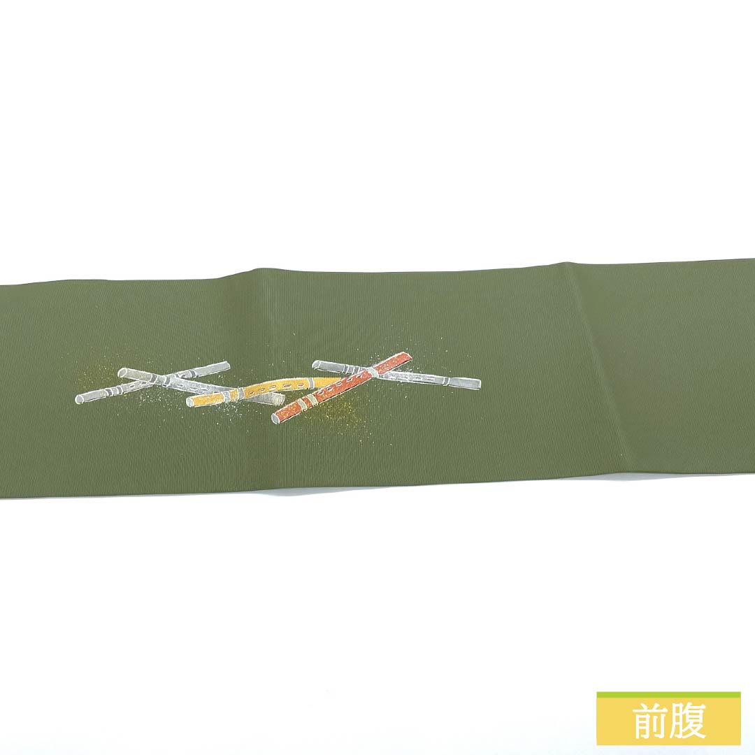 Nagoya-style obi, pure silk, S-rank, Iwai brown (Iwai Chairo), dyed with a flute, length 372cm, accent pattern, semi-formal, green, 1124010672319, Nagoya-made