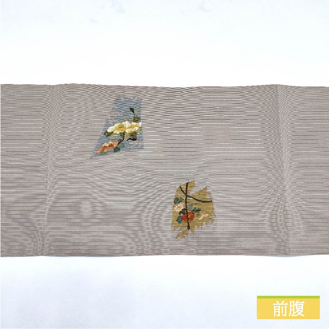 Nagoya obi, grayish white, bamboo, curtain flower, obi length 370cm, pure silk, S rank, point pattern, casual, gray, 1124006422322, pine needle style