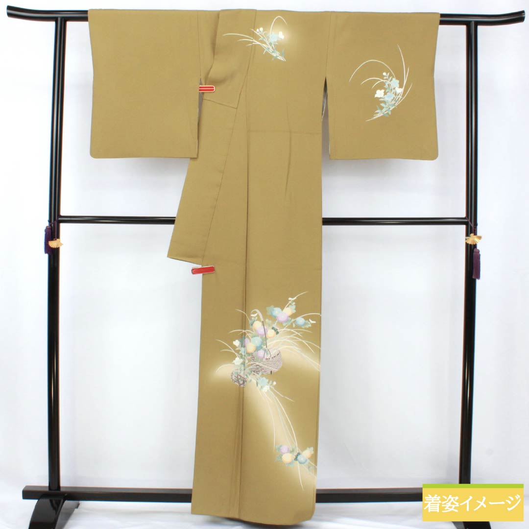 訪問着 正絹 Bランク 袷 身丈160.5cm 裄丈67cm 桑染色（くわぞめいろ） 京友禅 花籠 黄系 1112007124423