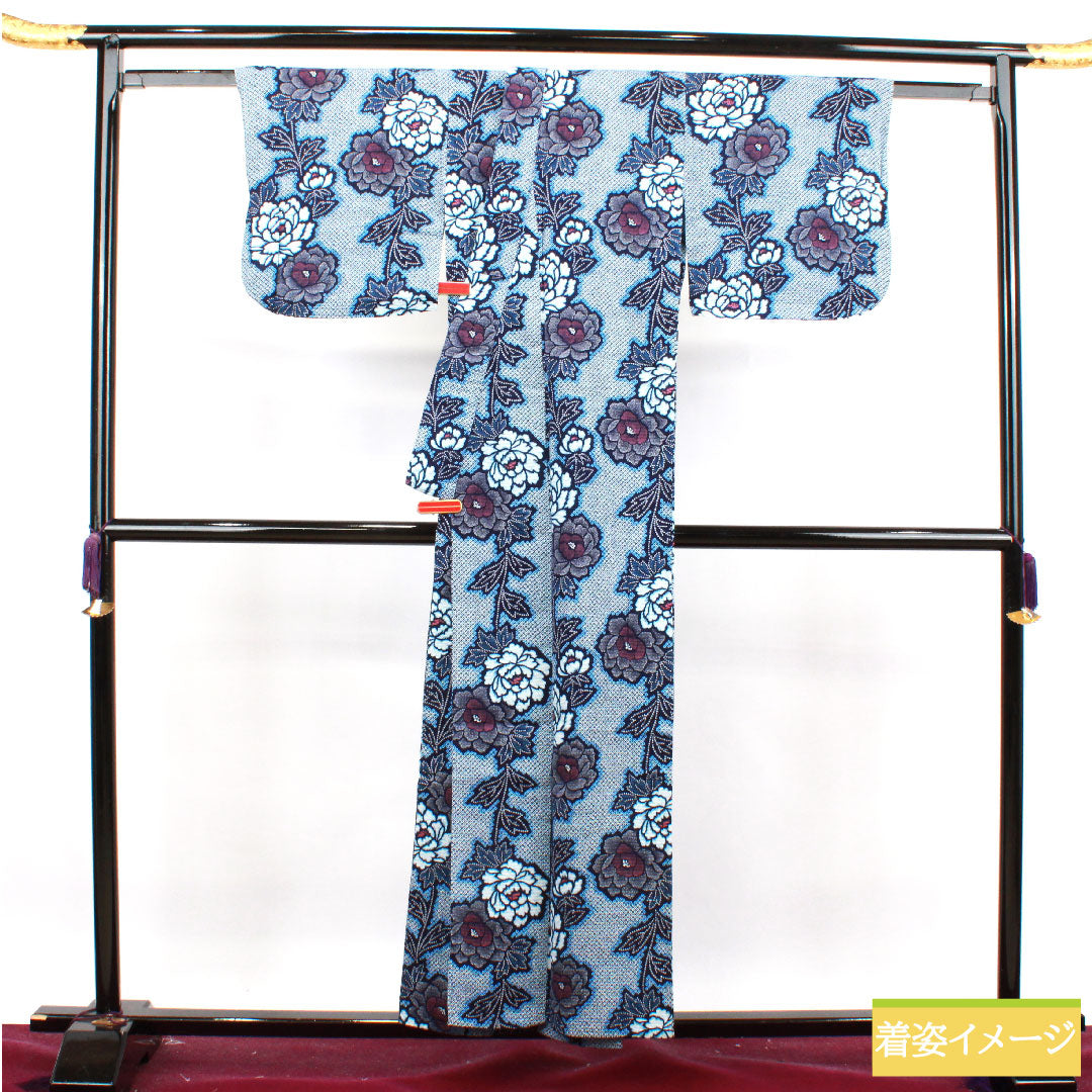Yukata Cotton Length 156cm Sleeve length 65.5cm S rank Single layer Navy Deep navy Ripple Peony 1118004642318