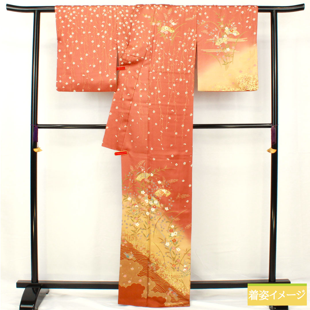 訪問着 正絹 袷 身丈165.5cm 裄丈64cm 緋褪色（ひさめいろ） 京友禅 草花模様 扇面 Sランク 茶系 1112005512514