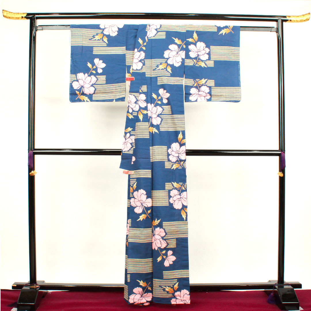浴衣 濃二藍色 草花模様 木綿 Sランク 単衣 身丈163.5cm 裄丈64cm 紺系 1118001822418