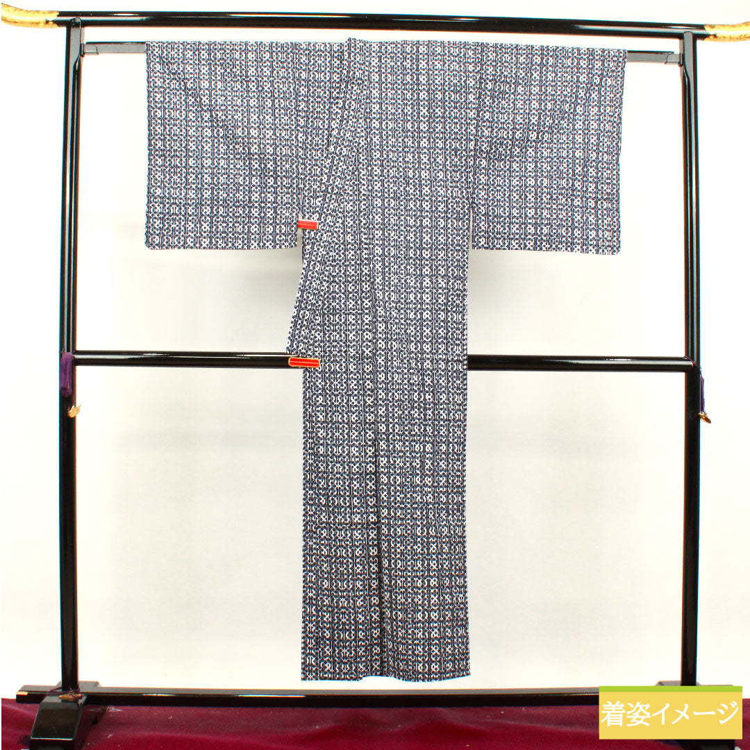 Men's Cotton Kimono (Yukata Style) Length 150cm Sleeve-to-Sleeve 69.5cm A Rank Unlined Dark Blue Yoshiwara Tsunagi 1118004923518