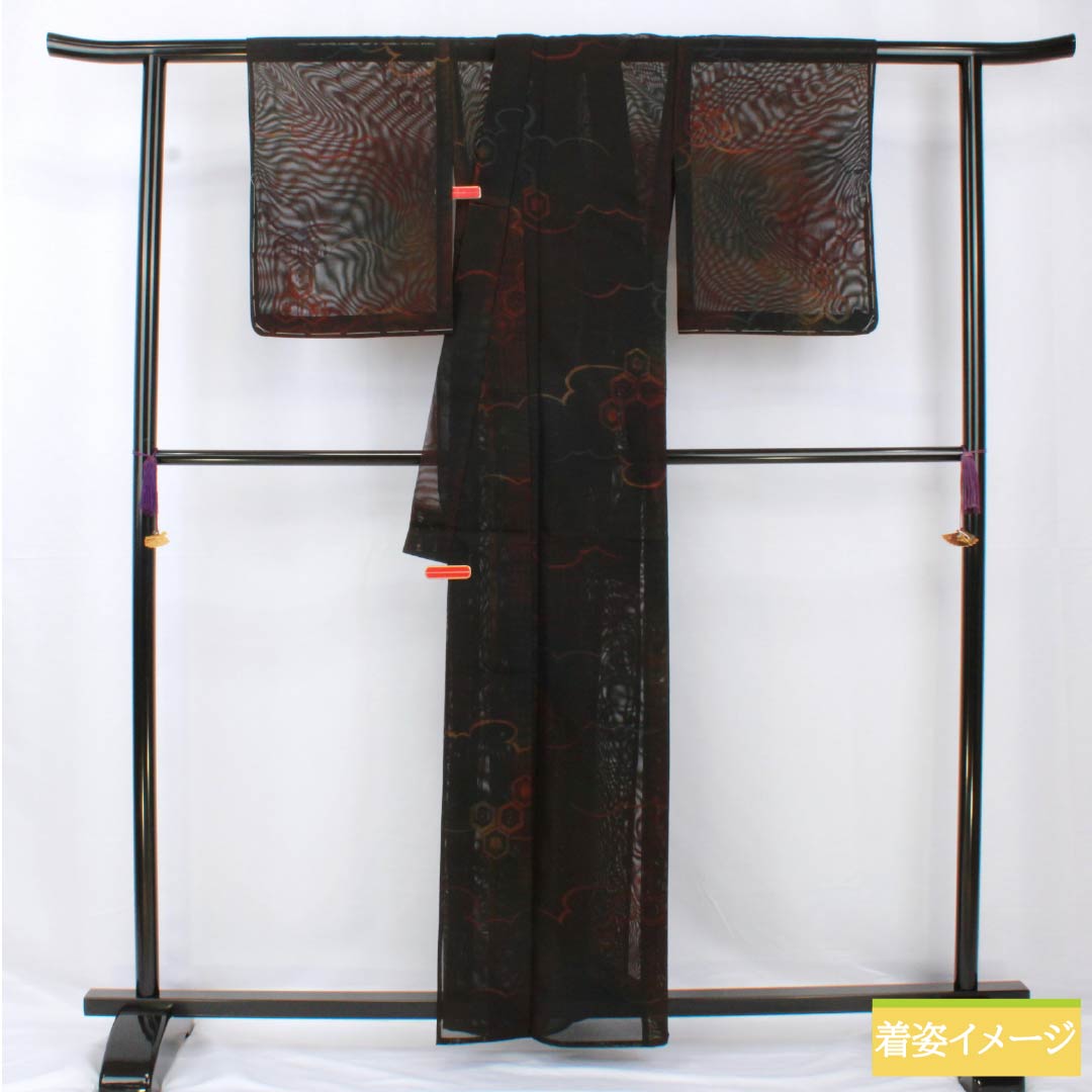 夏物 正絹 小紋 身丈163cm 裄丈65cm 亀甲 雲取り 紗 Sランク 黒系 1132002002410
