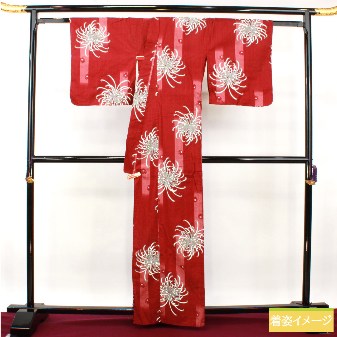 浴衣 木綿 身丈163.5cm 裄丈69.5cm Sランク 単衣 赤系 真紅色（しんくいろ） 菊 1118005132412