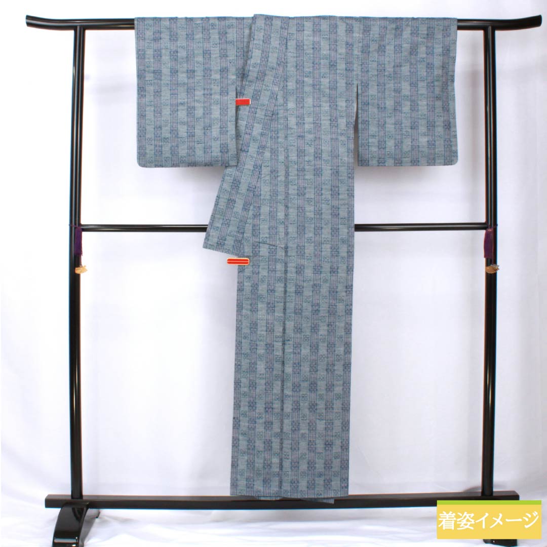 Tsumugi silk kimono, length 153cm, sleeve length 62cm, light dull color (usunibiiro), flower weave, A rank, lined, blue, 1116003893217