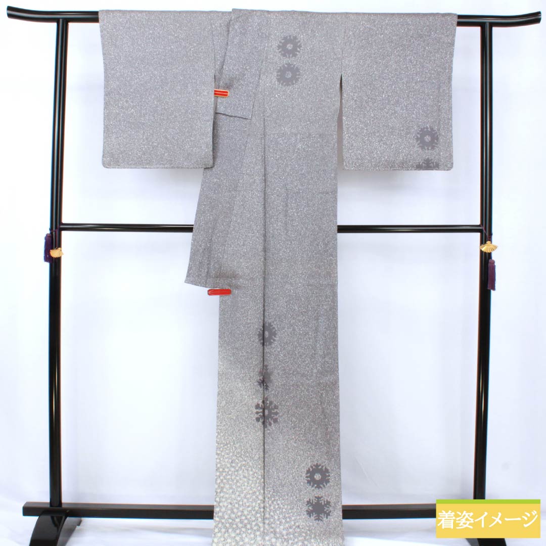 訪問着 正絹 Sランク 袷 身丈163cm 裄丈64cm 鉛色（なまりいろ） 付下げ 雪の結晶 たたき染め グレー系 1112007292422