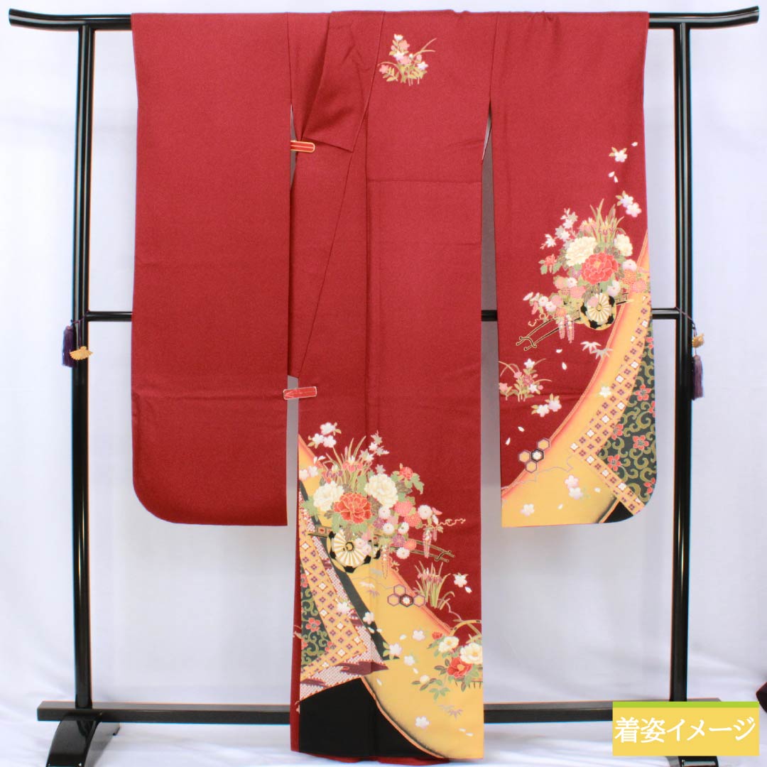 Furisode Pure Silk S Rank Length 163cm Sleeve length 67.5cm Lined Deep Red Kyo-Yuzen Flower Cart Red 1113002892412