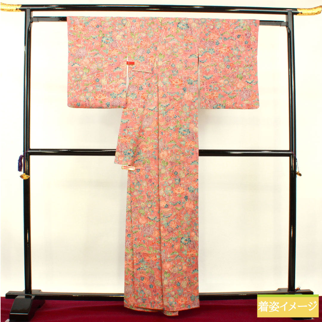 小紋 正絹 身丈160cm 裄丈65cm 袷 浅蘇芳色（あさきすおういろ） 草花模様 Sランク ピンク系 1115004102413