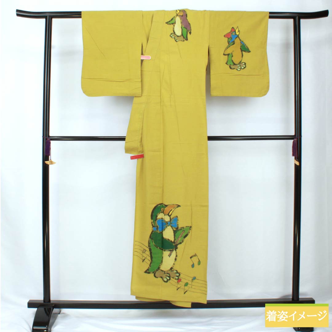 Cotton Yukata, Length 153cm, Sleeve Length 62.5cm, Rank A, Single-Layer, Light Yellow (Asakikiiro), Penguin Design, Product Number 1118005783223