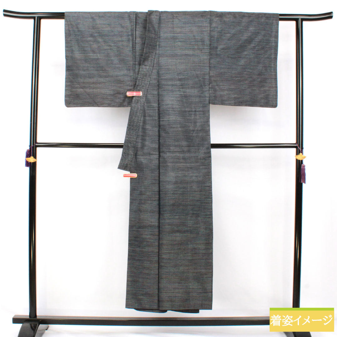 Men's Pure Silk A-Rank Oshima Tsumugi Kimono, Length 147cm, Sleeve Length 68cm, Double Kasuri Pattern, with Haori Cord, Navy Blue, Item Number 1119001603418