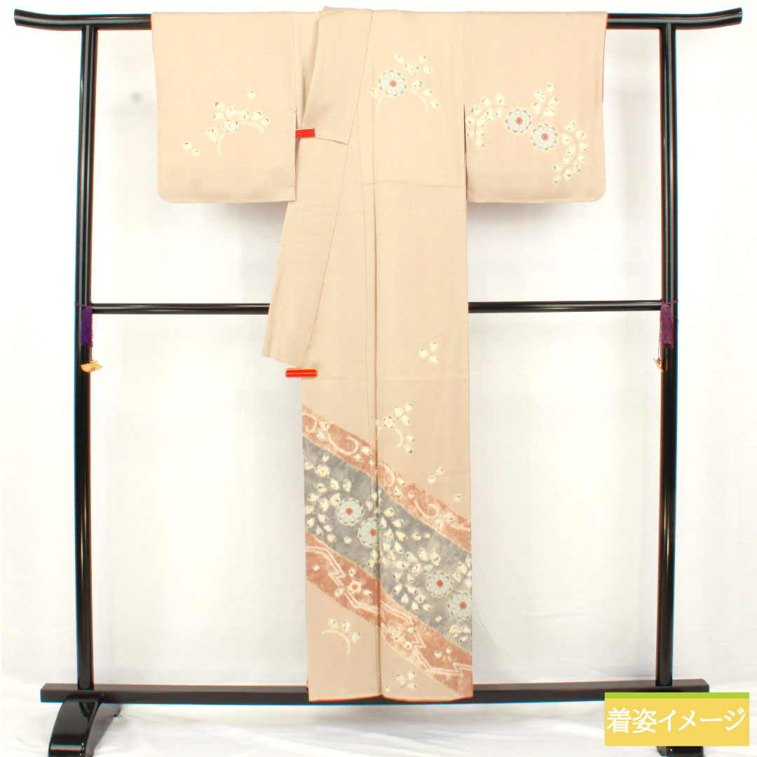 Homongi, pure silk, lined, length 152cm, sleeve length 61.5cm, light fragrance color, Tsujigahana pattern, with basting thread, S rank, beige, 1112006012225