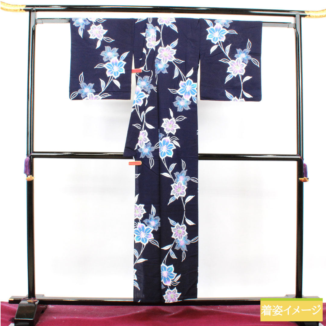 Yukata Cotton Length 153.5cm Sleeve length 67.5cm S rank Single layer Navy blue Camellia 1118004802218