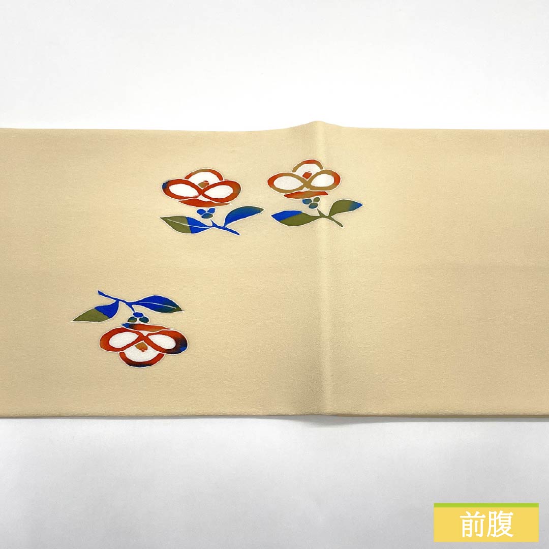 名古屋帯 ポリエステル Sランク 鳥の子色（とりのこいろ） 型染 ちりめん地 椿 帯丈372cm ポイント柄 カジュアル クリーム系 1124010812315 開き仕立て