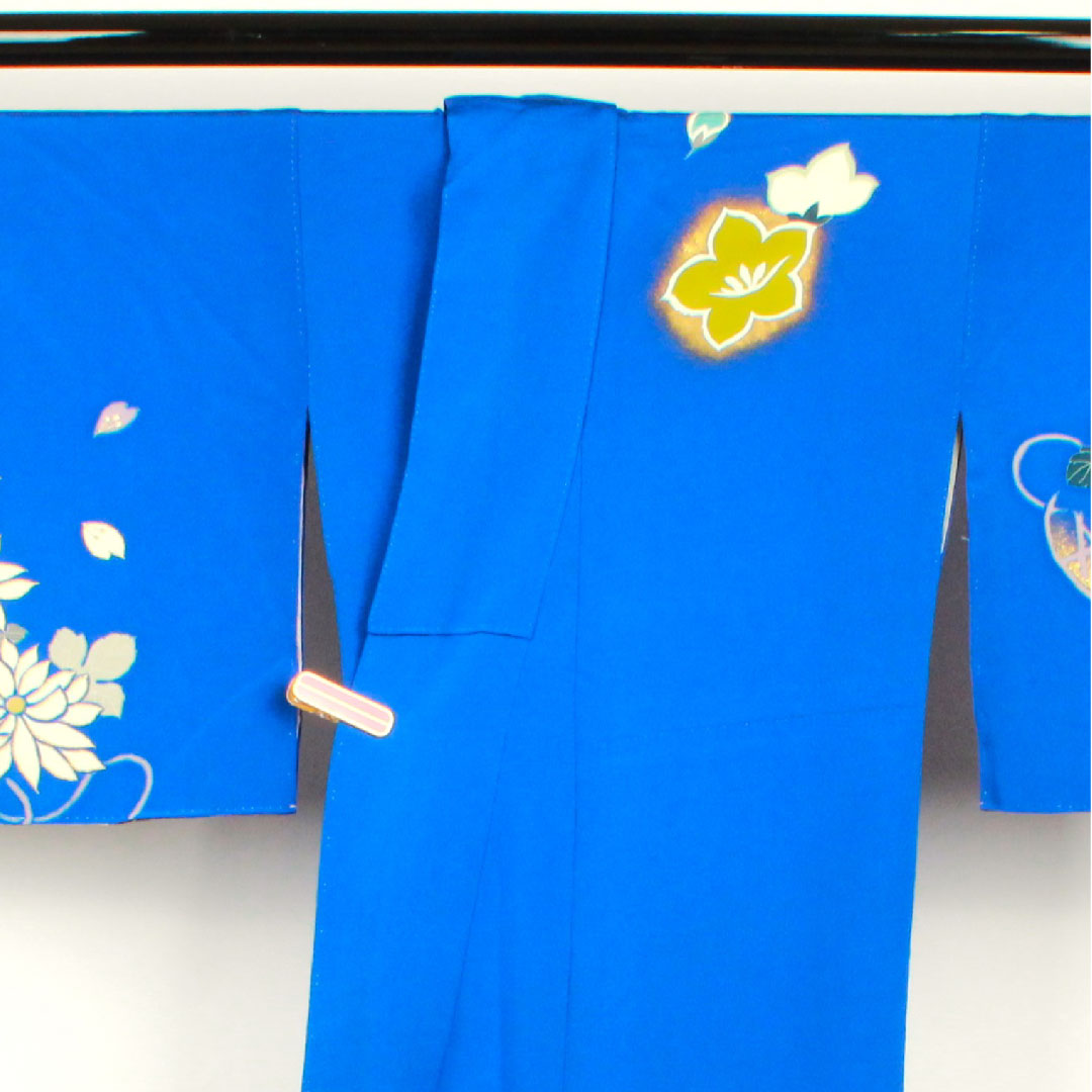 訪問着 袷 身丈163cm 裄丈68cm 瑠璃紺色 桜 菊 椿 正絹 Aランク 青系 1112001683417