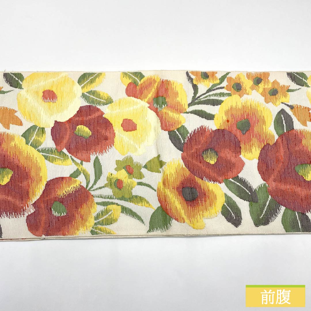 Nagoya Obi, Pure Silk, S-Rank, Floral Pattern, Length: 350cm, Six-Ply, Casual, White, 1124010702311, Open-Wear