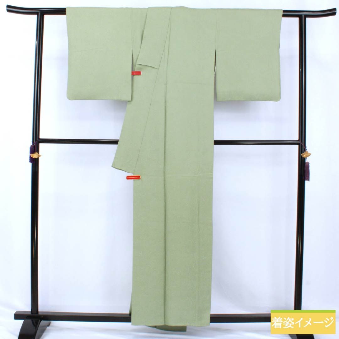 Solid-colored silk kimono, A-rank, length 156cm, sleeve length 64cm, Longquan celadon glaze color (Rongquan Ching Two-Youth), single crest, split paulownia wood, sewn crest, lined, green, 1114002563319