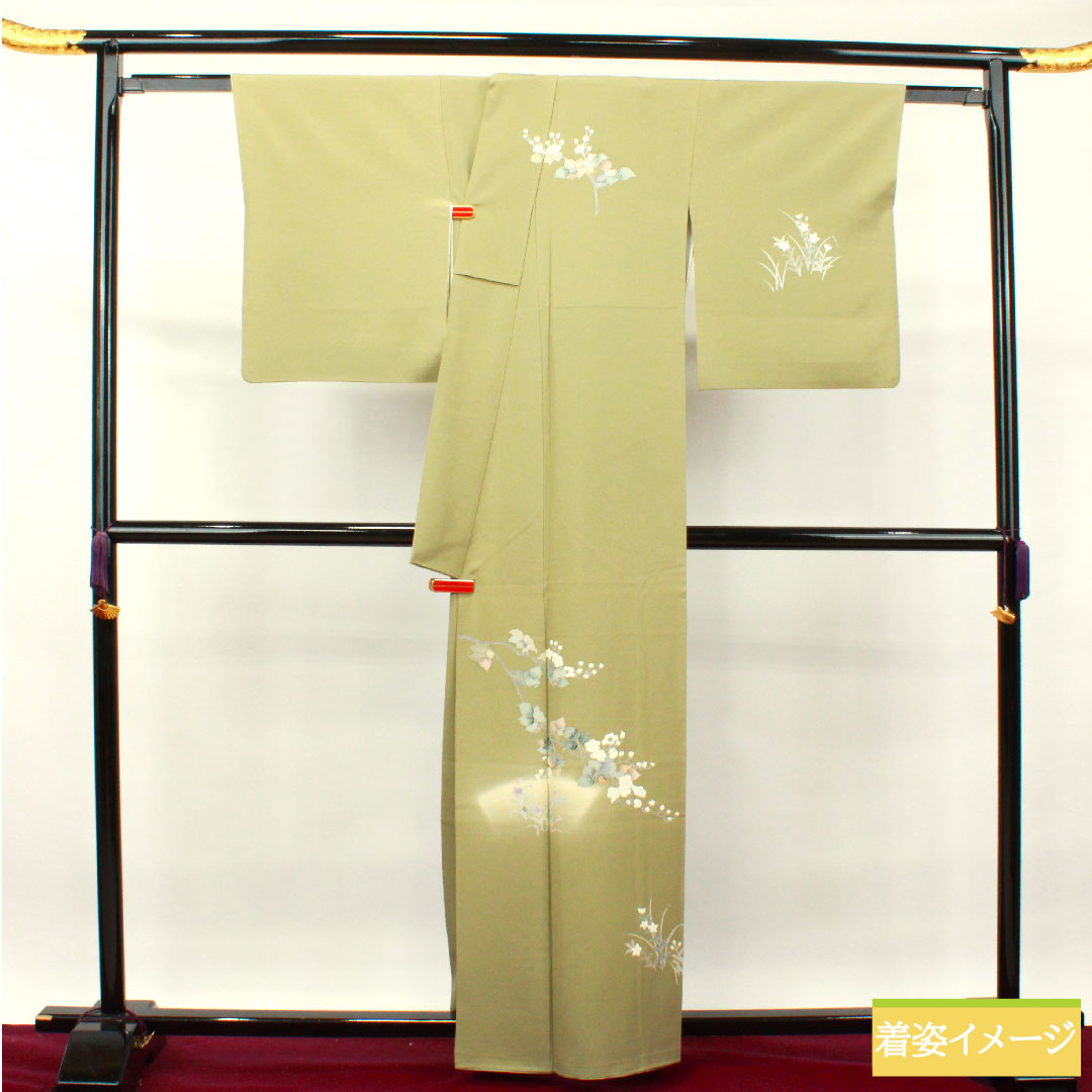 訪問着 正絹 袷 身丈160.5cm 裄丈66cm 利休色 京友禅 草花模様 剣片喰 Sランク 緑系 1112003492419