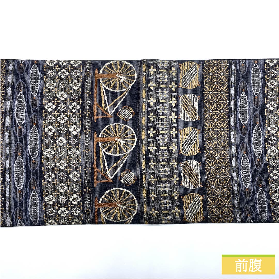 Fukuro Obi, pure silk, dark blue, woven, thread wrapped, floral pattern, obi length 440cm, S rank, six-pass, casual, gray, 1123013022322