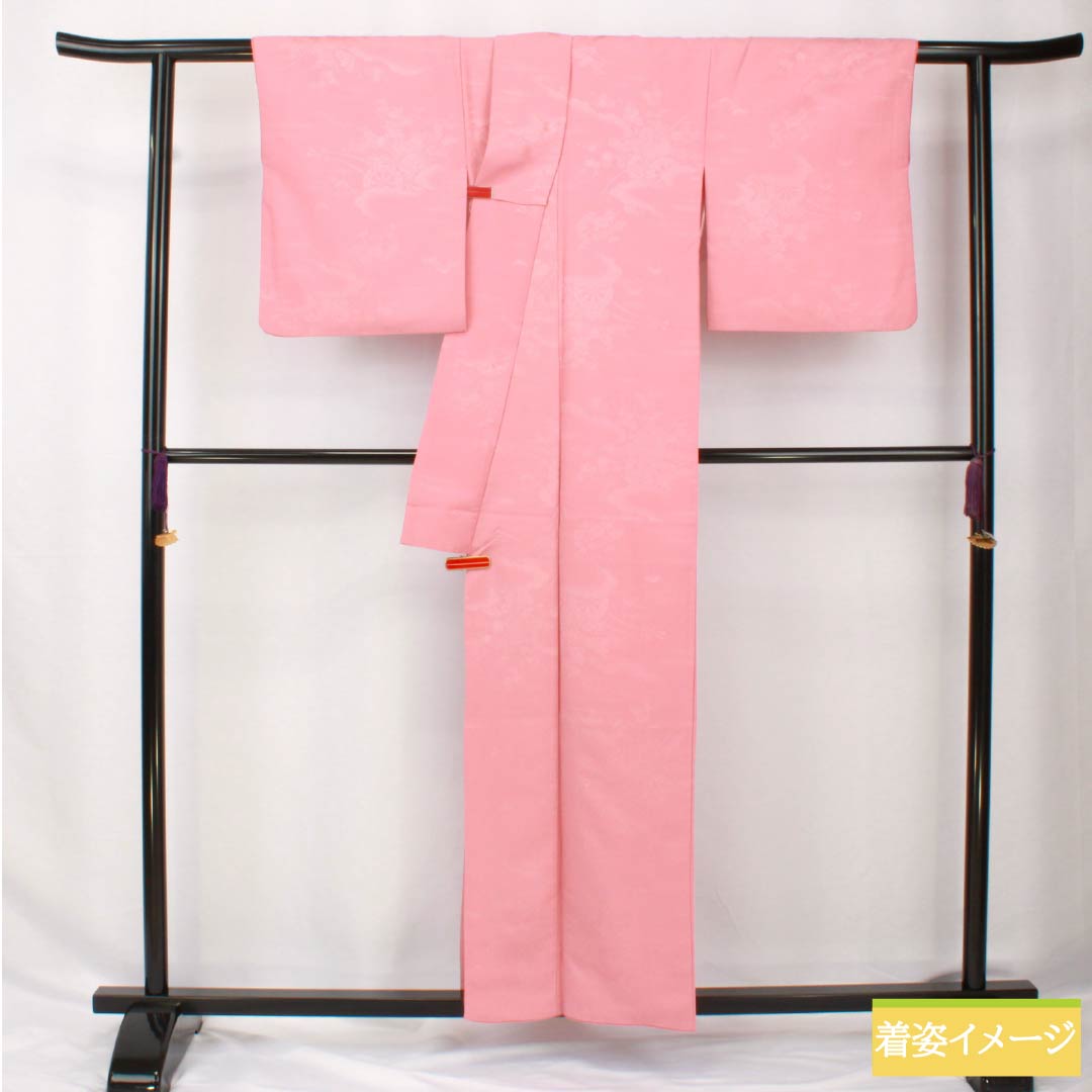 Solid-colored polyester kimono, length 157cm, sleeve length 64cm, single-layer plum-colored (hitoeumeiro) woven with silk brocade and featuring a flower cart, washable, lined, A-rank, pink, product number 1114002133313