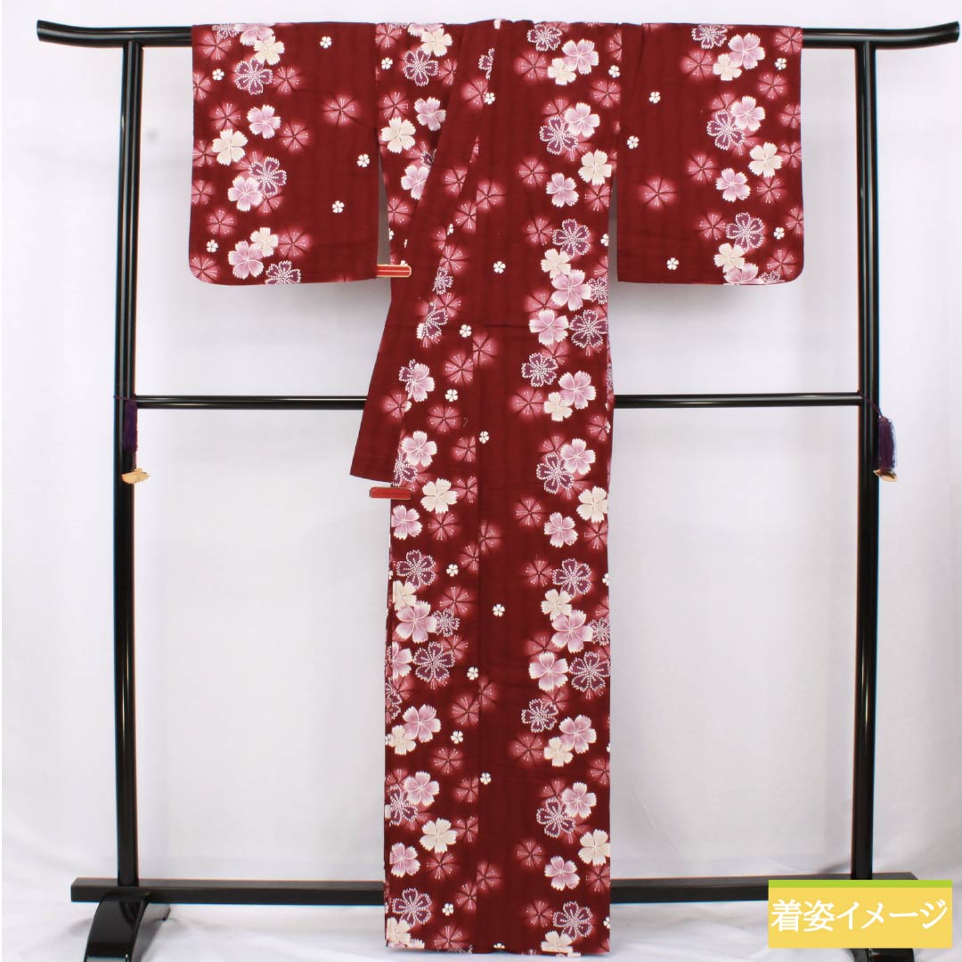 Cotton Yukata, Length 164cm, Sleeve Length 65cm, S Rank, Single Layer, Deep Scarlet Red, Pink, 1118006412412