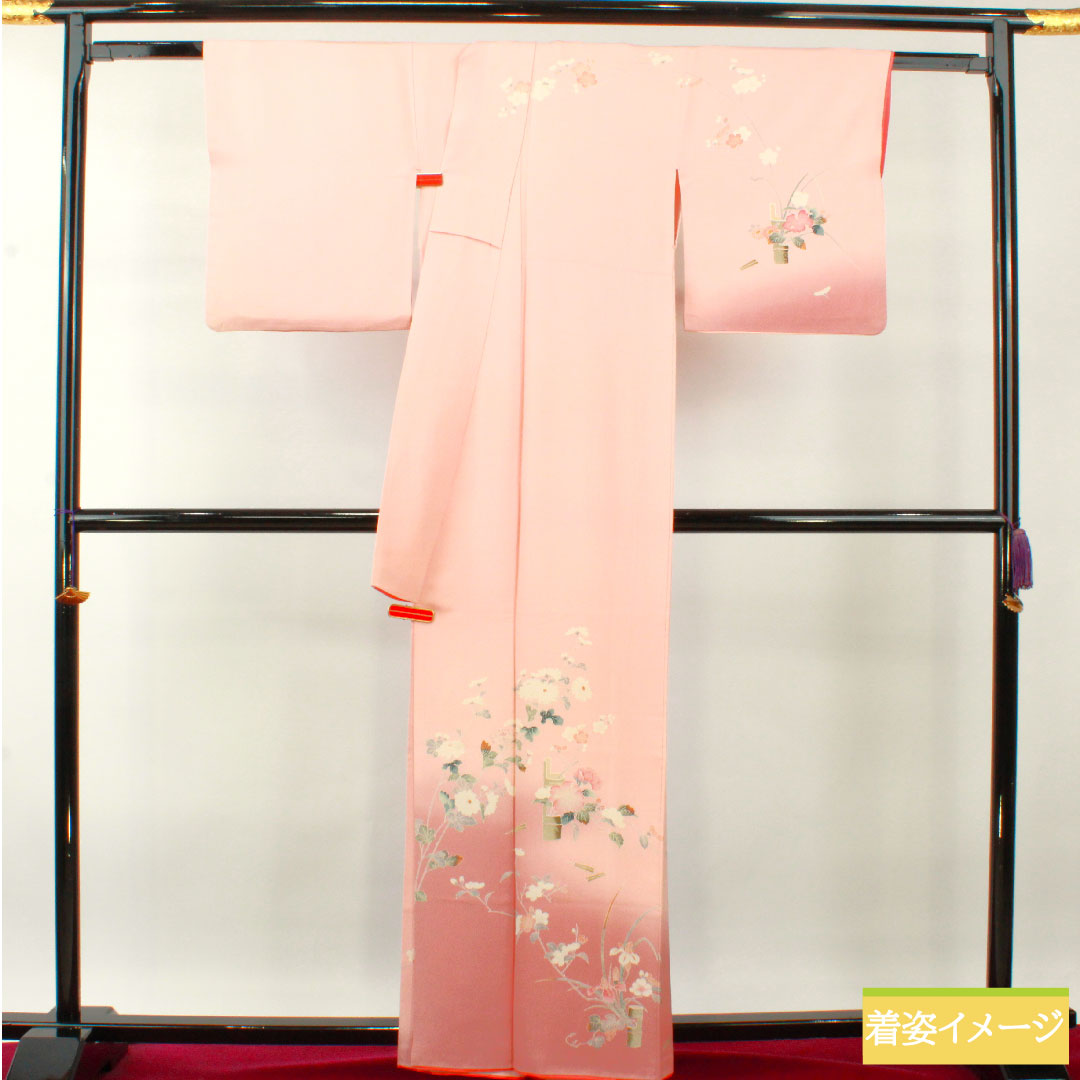 訪問着 正絹 袷 身丈161.5cm 裄丈65.5cm 曙色（あけぼのいろ） 京友禅 草花模様 Aランク ピンク系 1112004363413