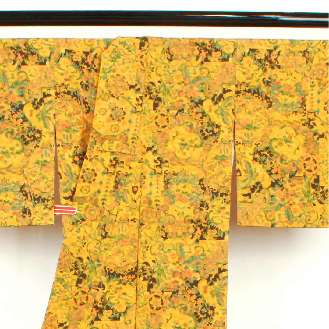 Komon, Length 151cm, Sleeve length 57cm, Awase, Ochre, Sarasa pattern, Pure silk, S rank, Yellow 1115002442223