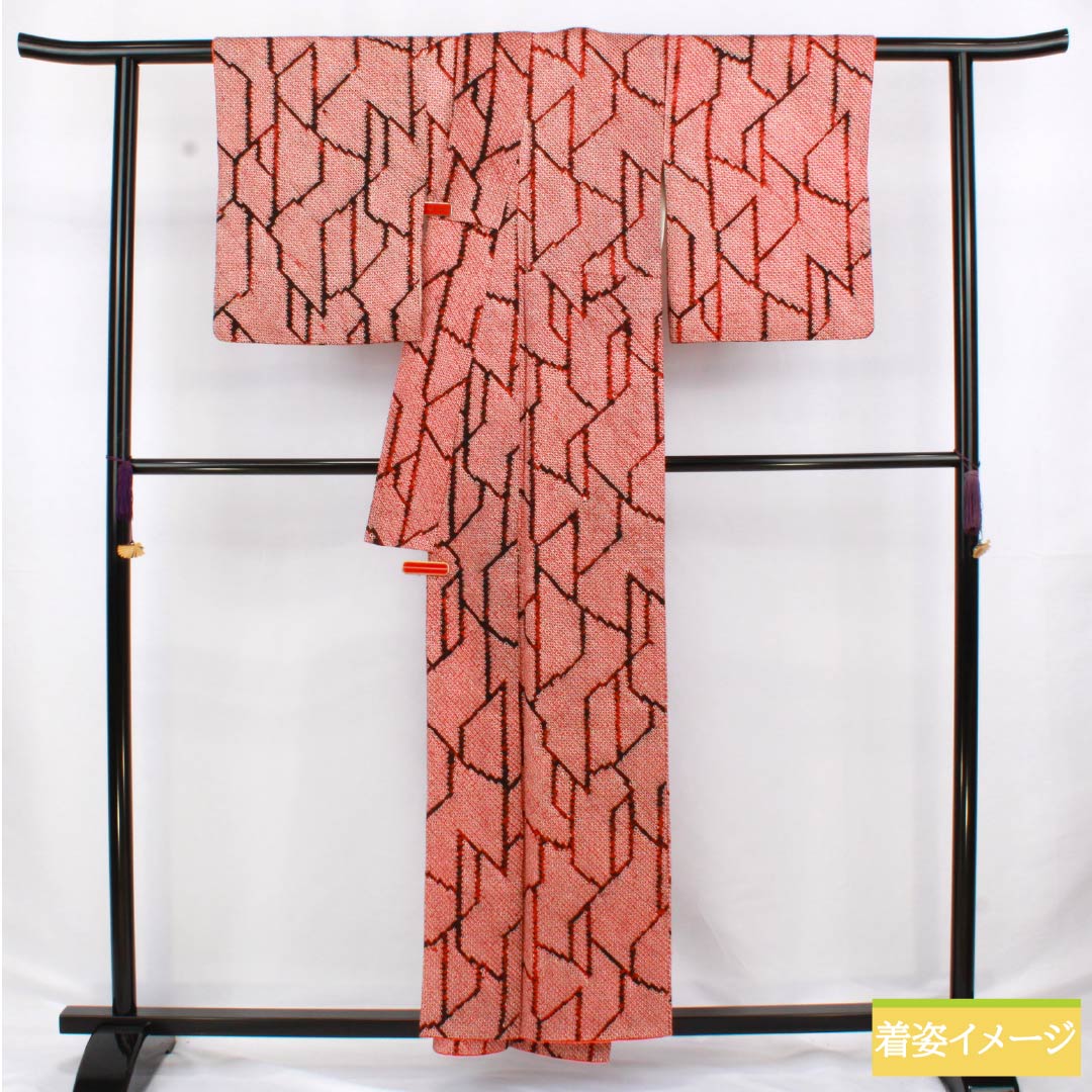 Komon (small pattern) silk, A-rank, length 156cm, sleeve length 63cm, lined, red, tie-dyed, geometric pattern, red-based, product number 1115006483312