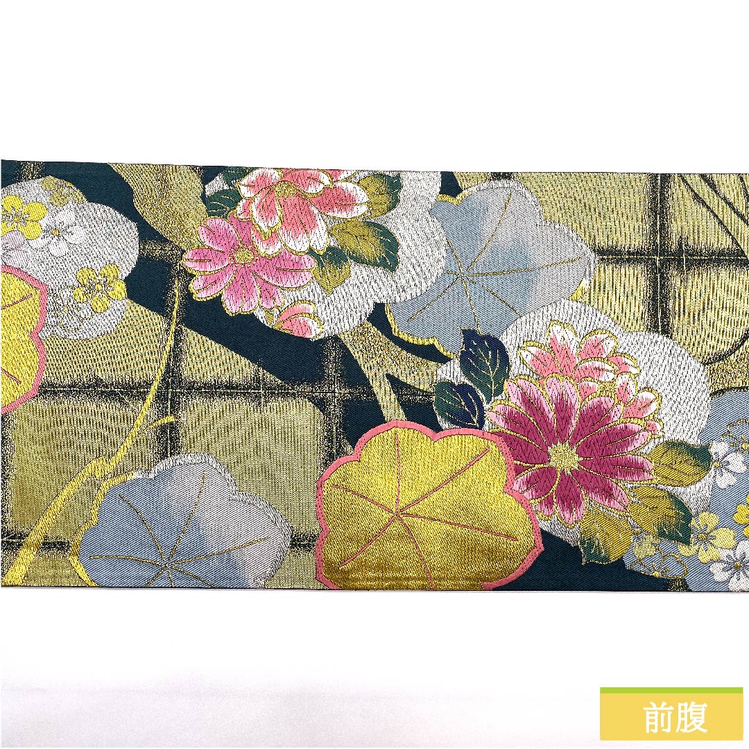 袋帯 高麗納戸色（こうらいなんどいろ） 梅 桜 花模様 石畳 帯丈430cm 正絹 Sランク 六通 フォーマル 緑系 1123010482319