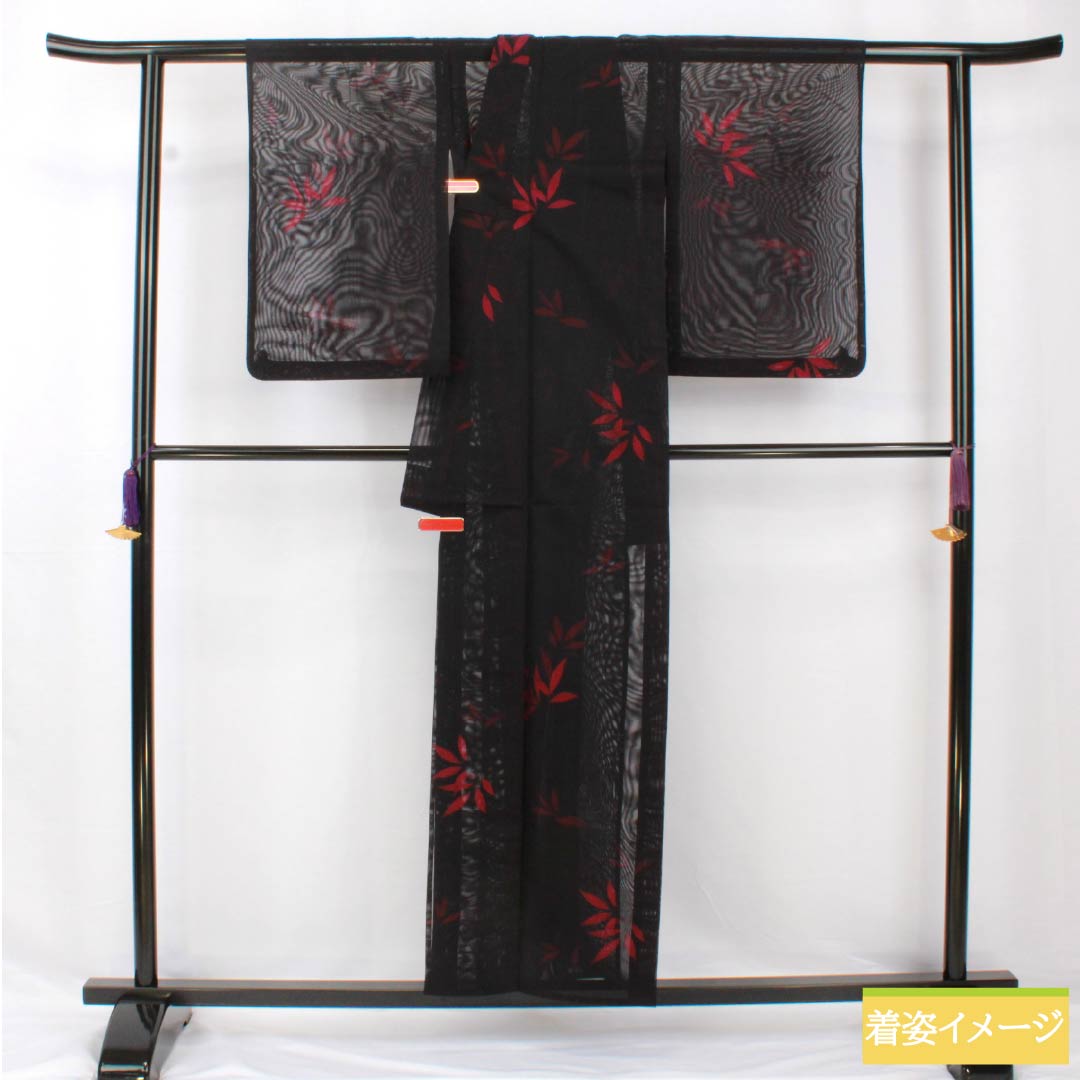 夏物 正絹 小紋 身丈157.5cm 裄丈62.5cm 枝 葉 紗 Sランク 黒系 1132002022310