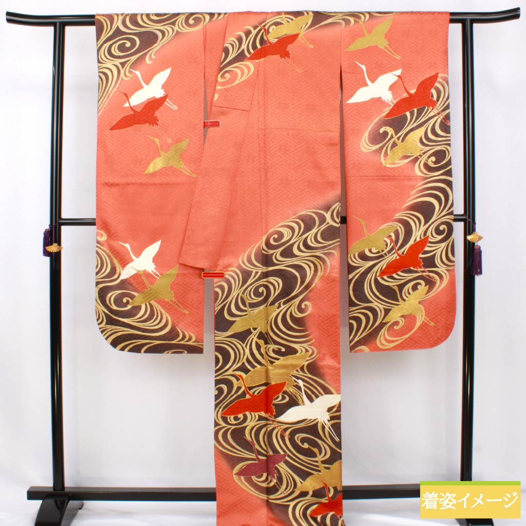 Kimono (Furisode) S Rank, Length 169.5cm, Sleeve-to-sleeve 65cm, Lined, Pomegranate Red (Ryūhohahon-iro), Kyo-Yuzen, Plant-dye Yuzen, Cranes, Flowing Water, Rinzu Fabric, Orange Family, 1113002562526