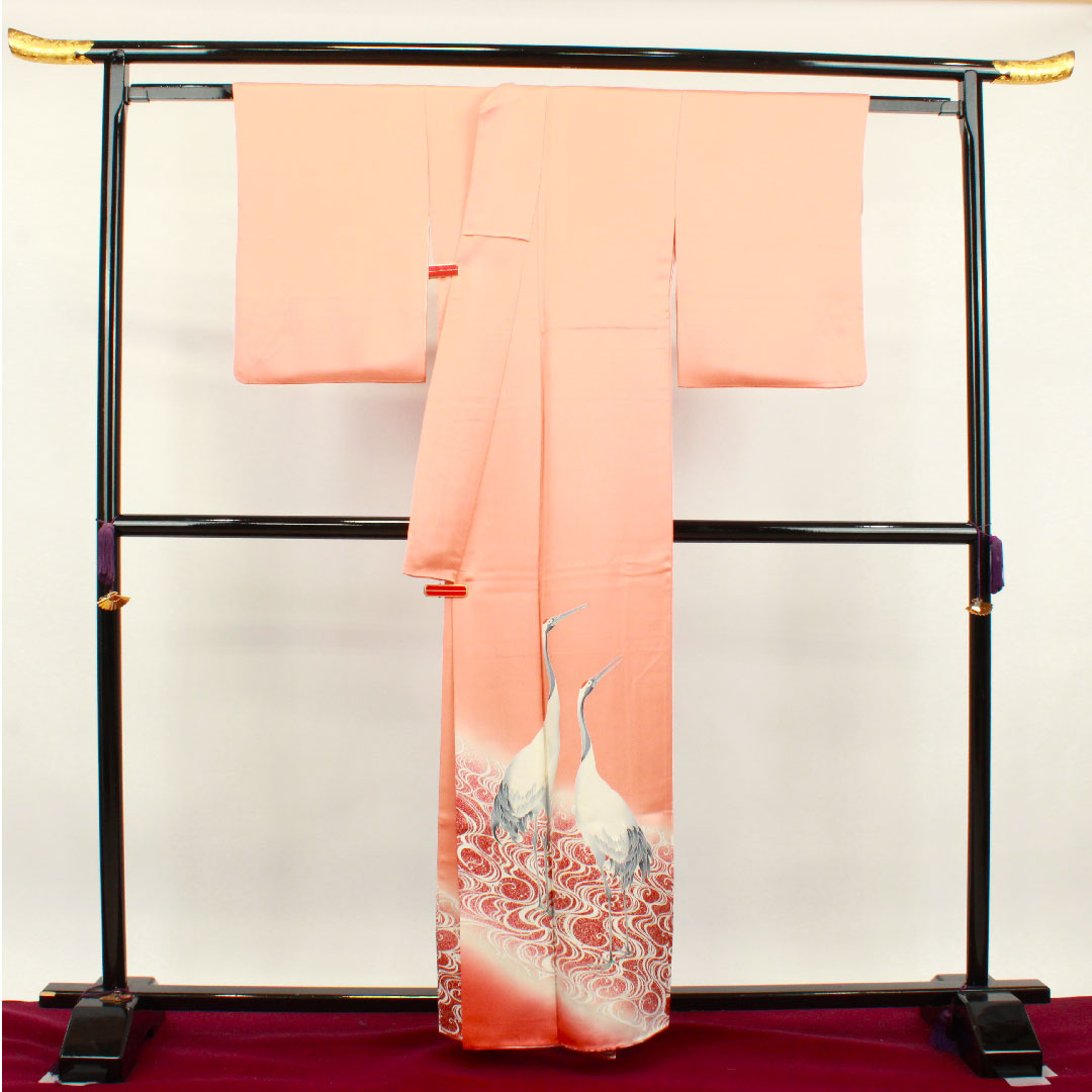 色留袖 身丈160.5cm 裄丈64cm 袷 珊瑚色 京友禅 鶴 流水 三つ扇 正絹 Sランク 三つ紋 橙系 1111001132426