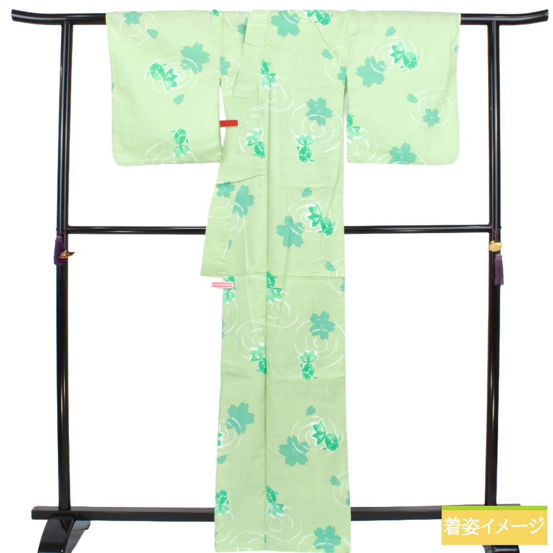 浴衣 木綿 Sランク 身丈166cm 裄丈67.5cm 龍泉青瓷釉色（ロンチュエンチンツーユースーいろ） 波 金魚 桜 単衣 緑系 1118006902519