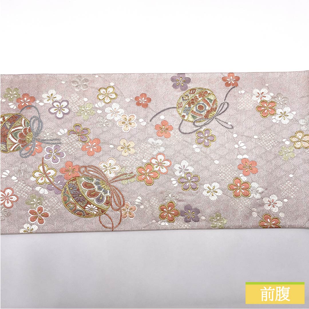 Formal pink obi, made of pure silk in a faded crimson color, featuring a ball and floral pattern, suitable for furisode kimono. Length: 436cm, A-rank, six-fold hem, pink. Product number: 1123014703313