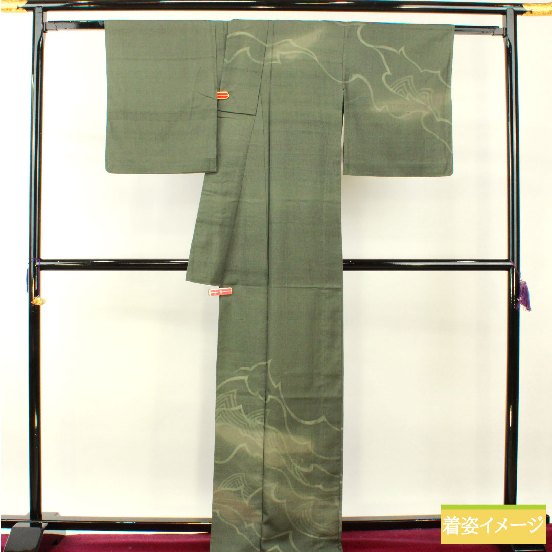 訪問着 正絹 単衣 身丈168.5cm 裄丈66.5cm 鈍色（にびいろ） 紬地 抽象模様 Sランク 緑系 1112004212519
