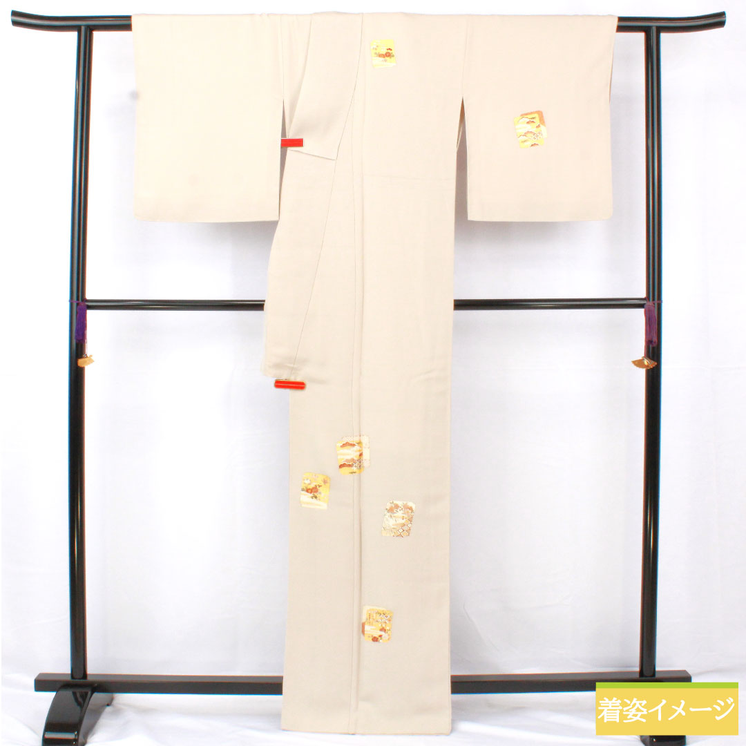 訪問着 正絹 袷 身丈167.5cm 裄丈66.5cm 生成り色（きなりいろ） 京友禅 吉祥文様 付下げ Aランク グレー系 1112005703522