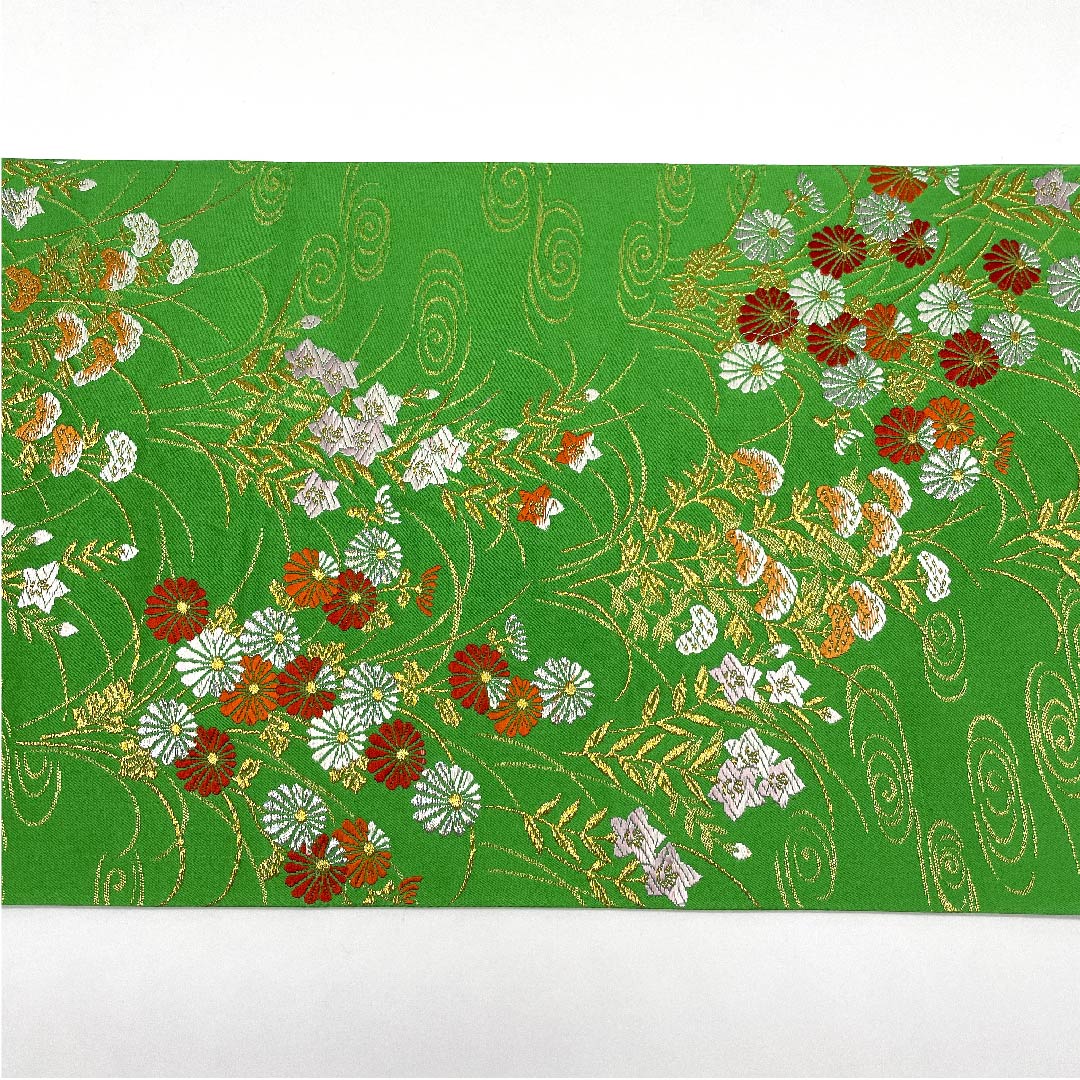Fukuro Obi (light blue obi) Kanze Ryusui (water flowing stream), bellflower, chrysanthemum, pine, obi length 432cm, pure silk, S rank, six-pass, formal, green, 1123007012319