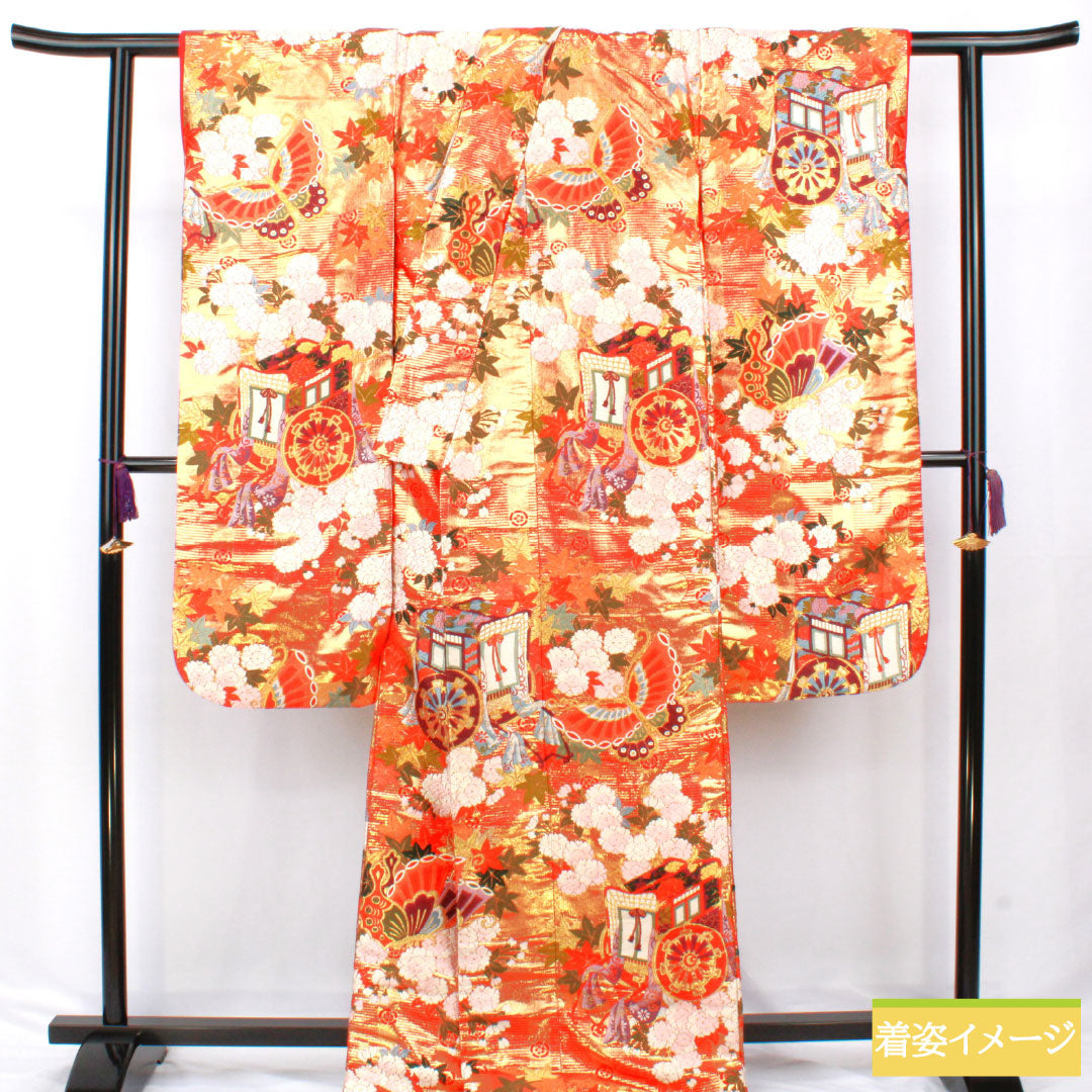 Iro-uchikake (colored kimono) made of pure silk, grade A, length 184cm, sleeve length 60.5cm, Karaori (Chinese weave) with butterfly and floral patterns, lined, vermilion, 1110001003916