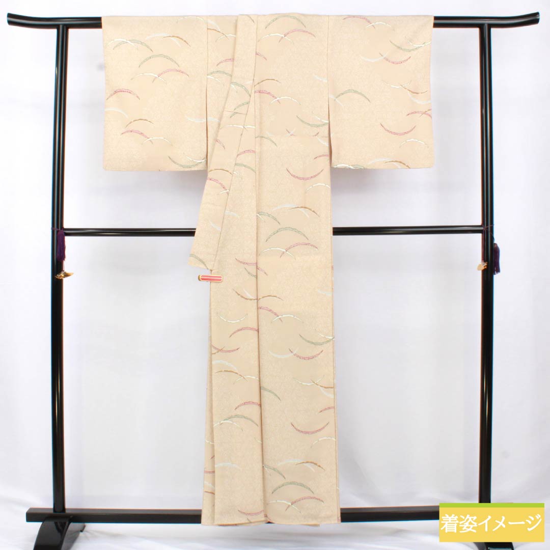 Komon (small pattern) polyester kimono, A rank, length 155.5cm, sleeve length 63cm, lined, walnut color (kurumiiro) with dew-grass pattern, backless, washable, beige, 1115007123325
