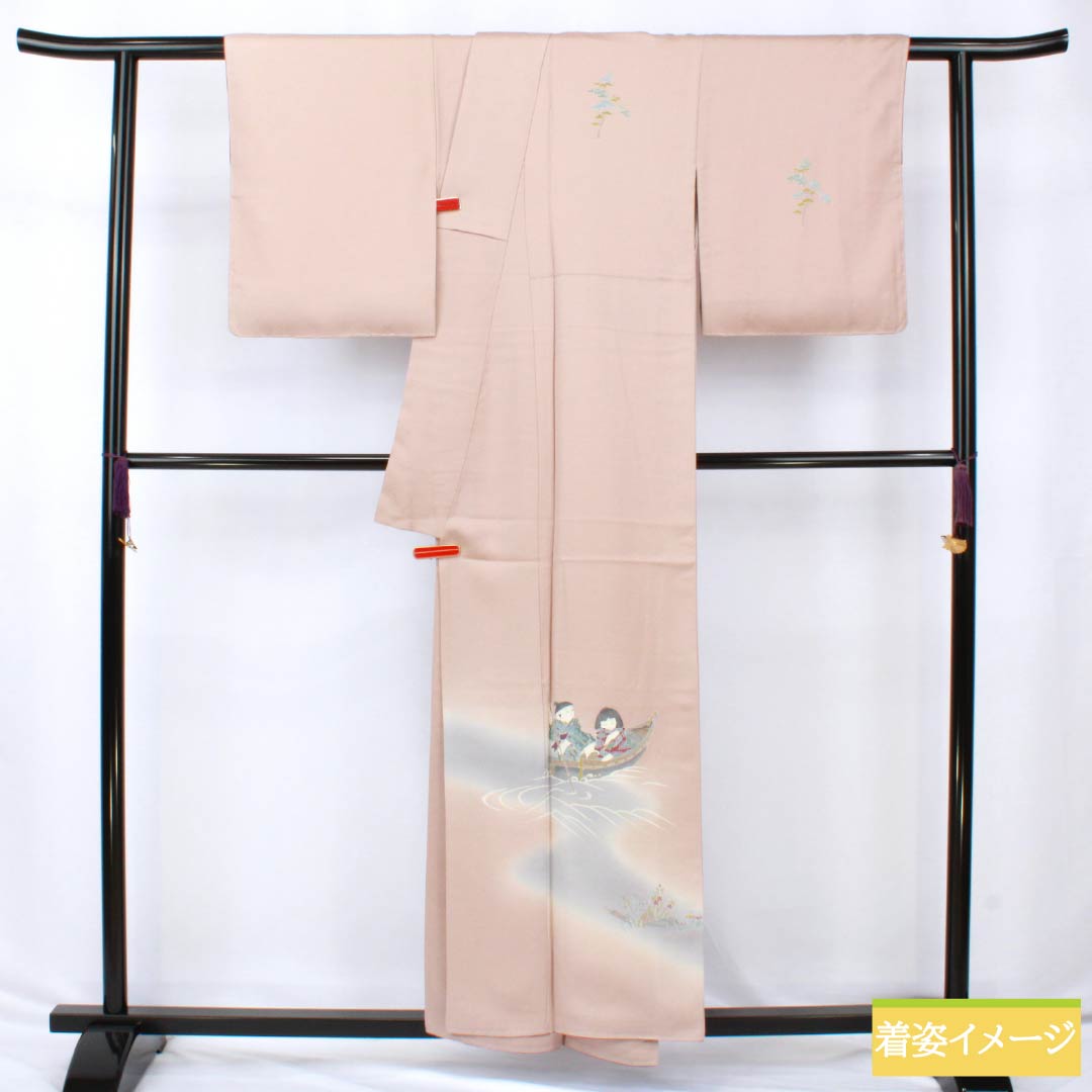 Visiting Kimono, Pure Silk, S Rank, Lined, Length 155.5cm, Sleeve Length 64.5cm, Naniwa Nezuiro (Naniwa Nezu-iro) Design, Kyoto Yuzen, Tsukesage, Child Design, Flowing Water Design, with Basting Thread, Pink, Product Number: 1112006612313